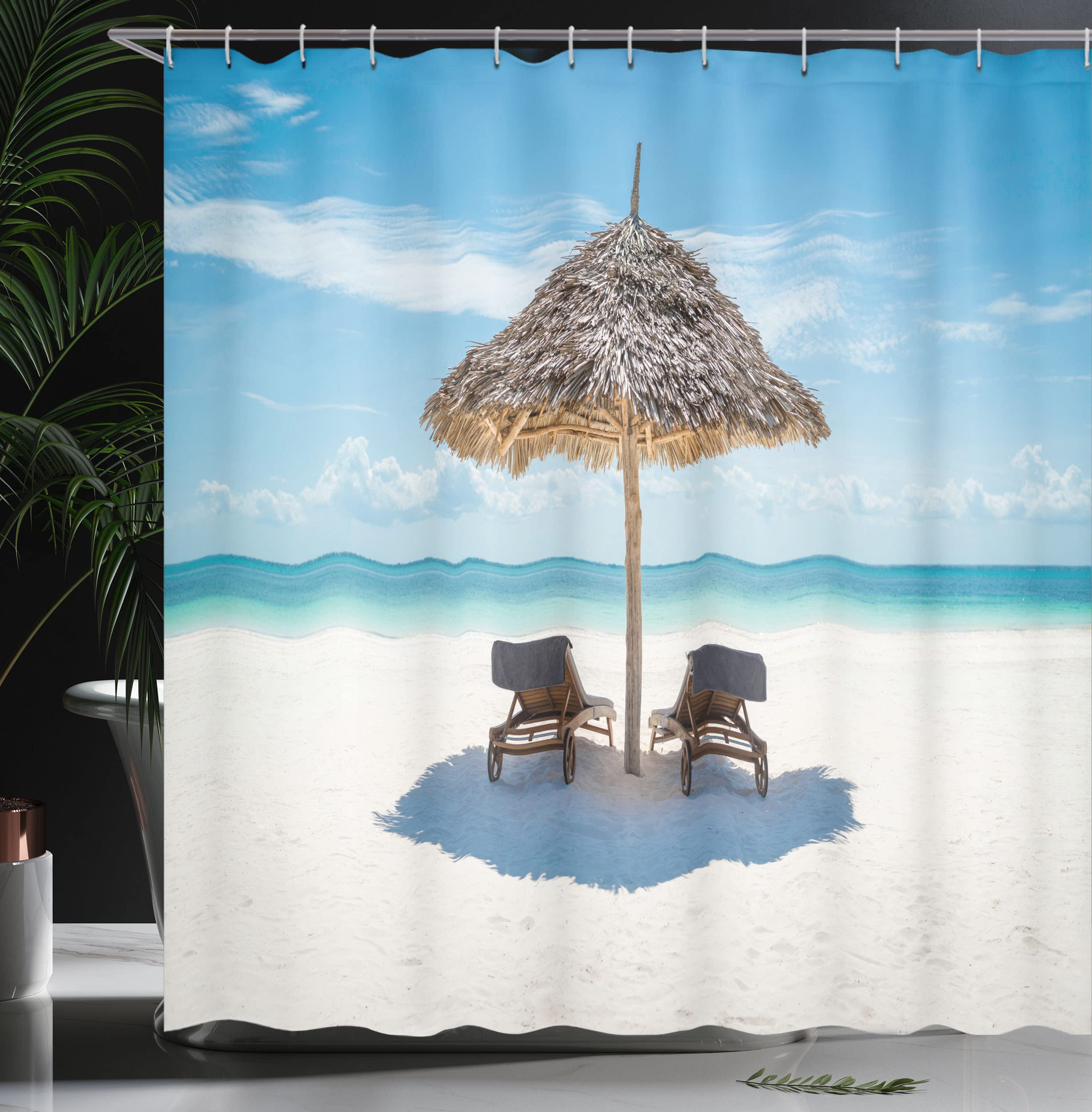 Ambesonne Seaside Shower Curtain, Wooden Sun Loungers Facing Eastern Ocean Under A Thatched Umbrella In Zanzibar, Cloth Fabric B